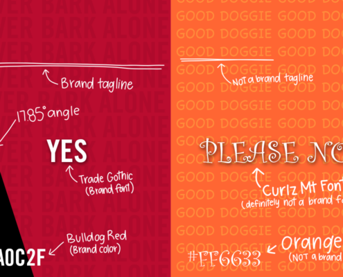 Image detailing dos and don'ts of design for the UGA brand.