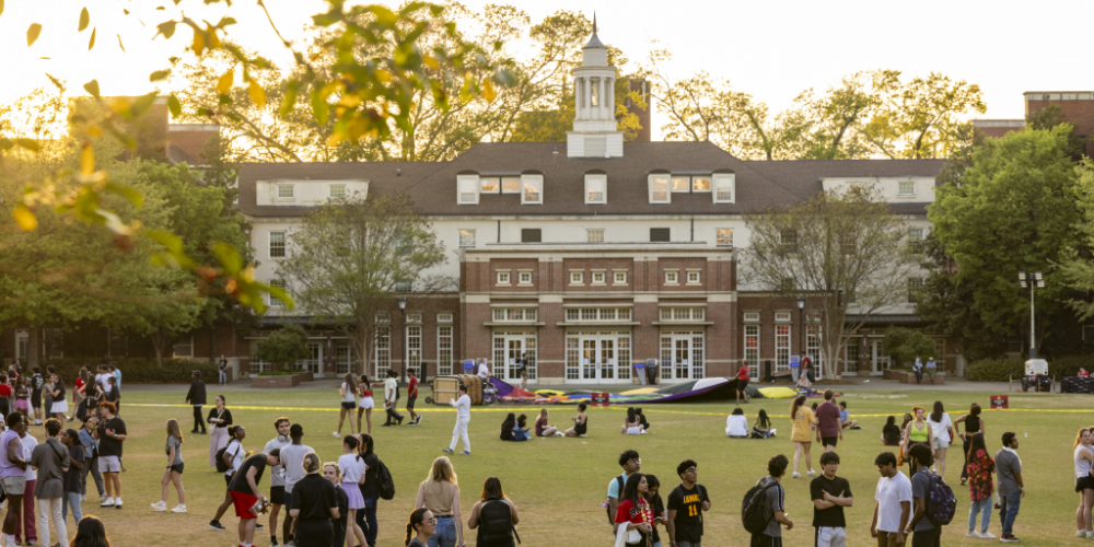 A bunch of students hanging out and enjoying time on Myers Quad