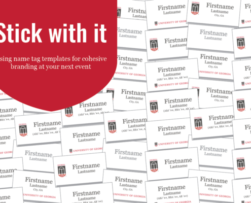 Name tag templates scattered on a white background with red shield logo on top with the phrase "Stick with it – Using name tag templates for cohesive branding at your next event."